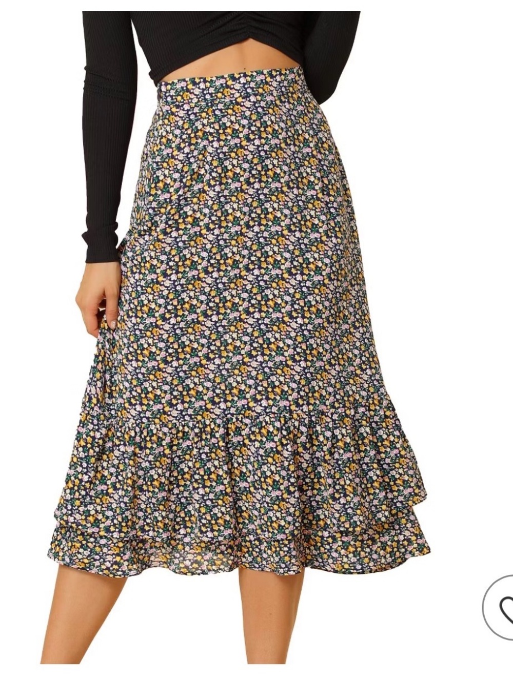 Floral Ruffle Hem Midi Skirt - blue Multi